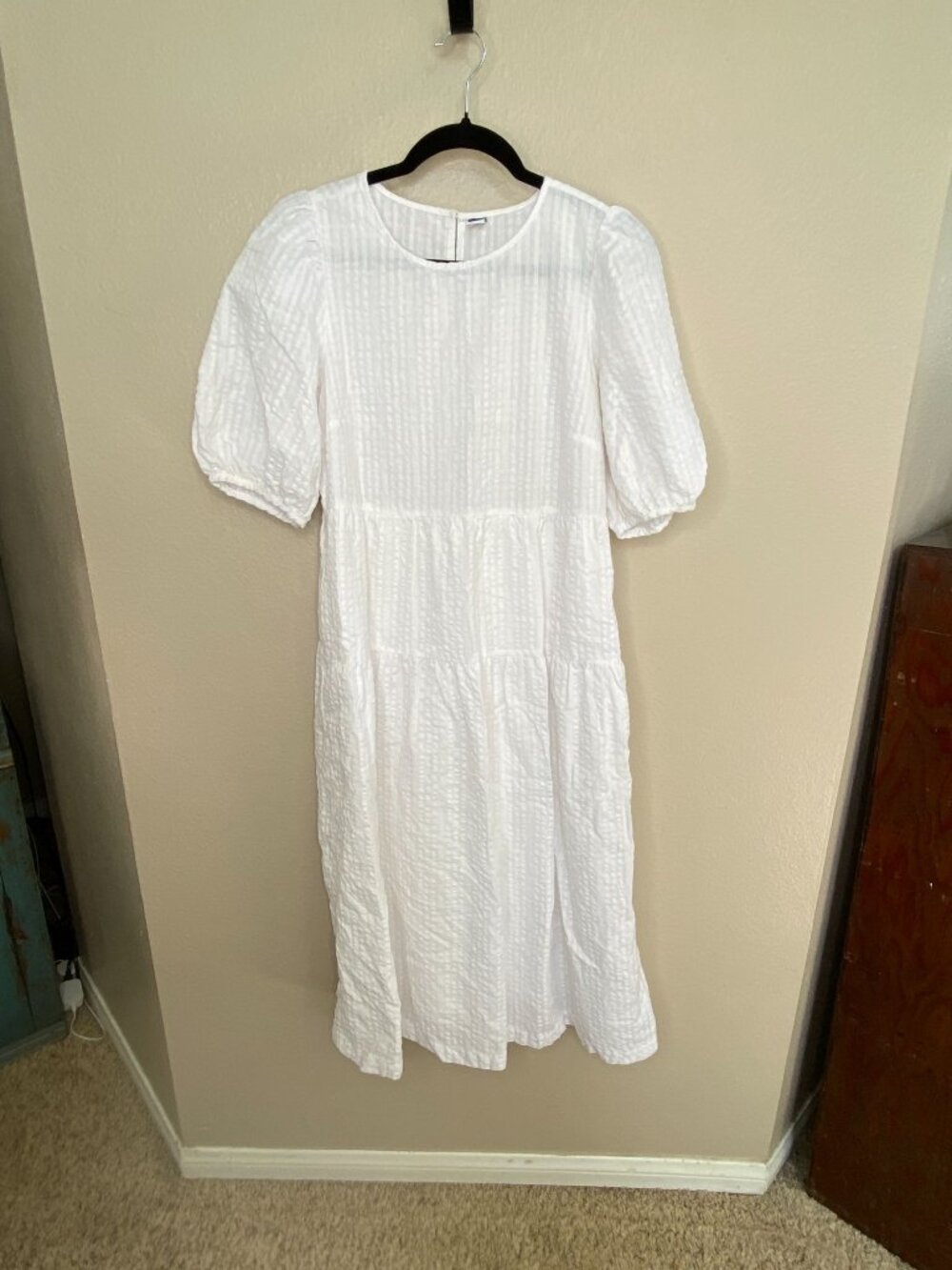 Old Navy Womens White Tiered Midi Dress M Puff Sleeve Cotton Blend Pullover